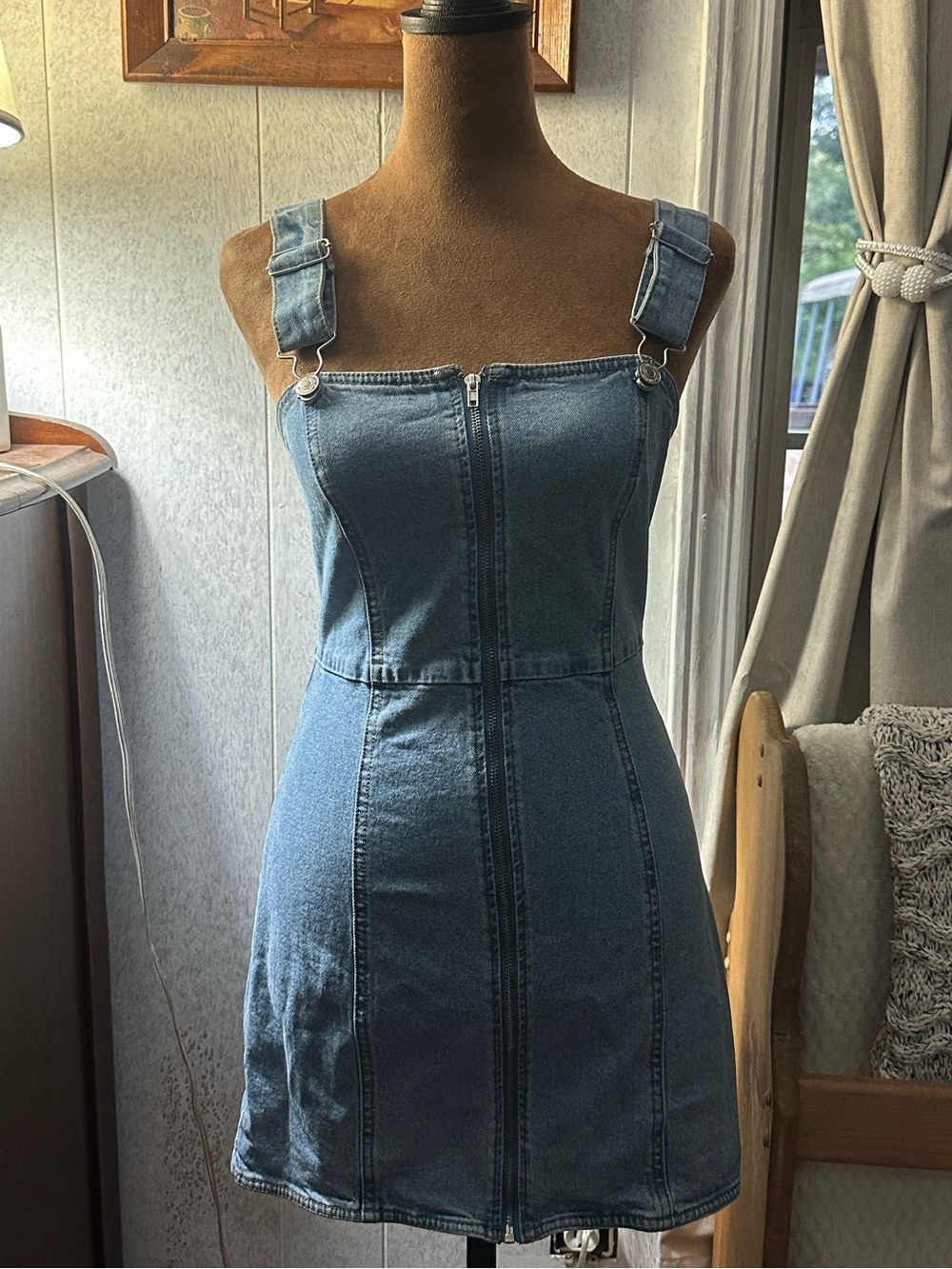 Forever 21 Denim Overall Dress Small Blue Jean Mini Pinafore Y2K Zip Front